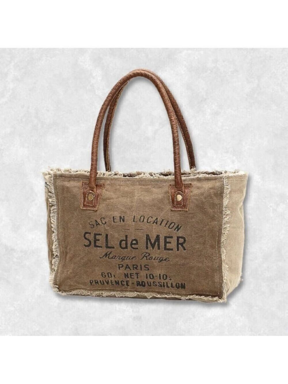 Myra Bag Sel De Mer Tote Bag Canvas Leather Frayed Edges Boho Brown/Cream W OS